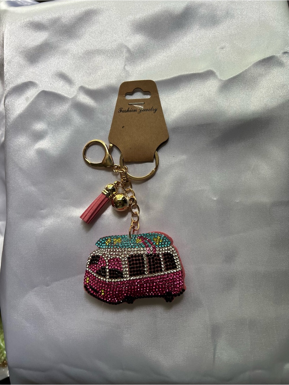 Fashion Jewelry Pink and Teal Rhinestone Camper Keychain with Gold Hardware